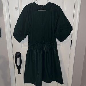 Dark Teal Puff-Sleeve Dress with Faux Leather Skirt